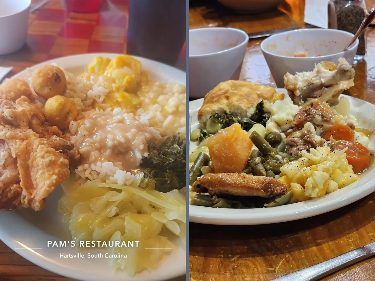 Buffet trays lined with hot Southern sides.